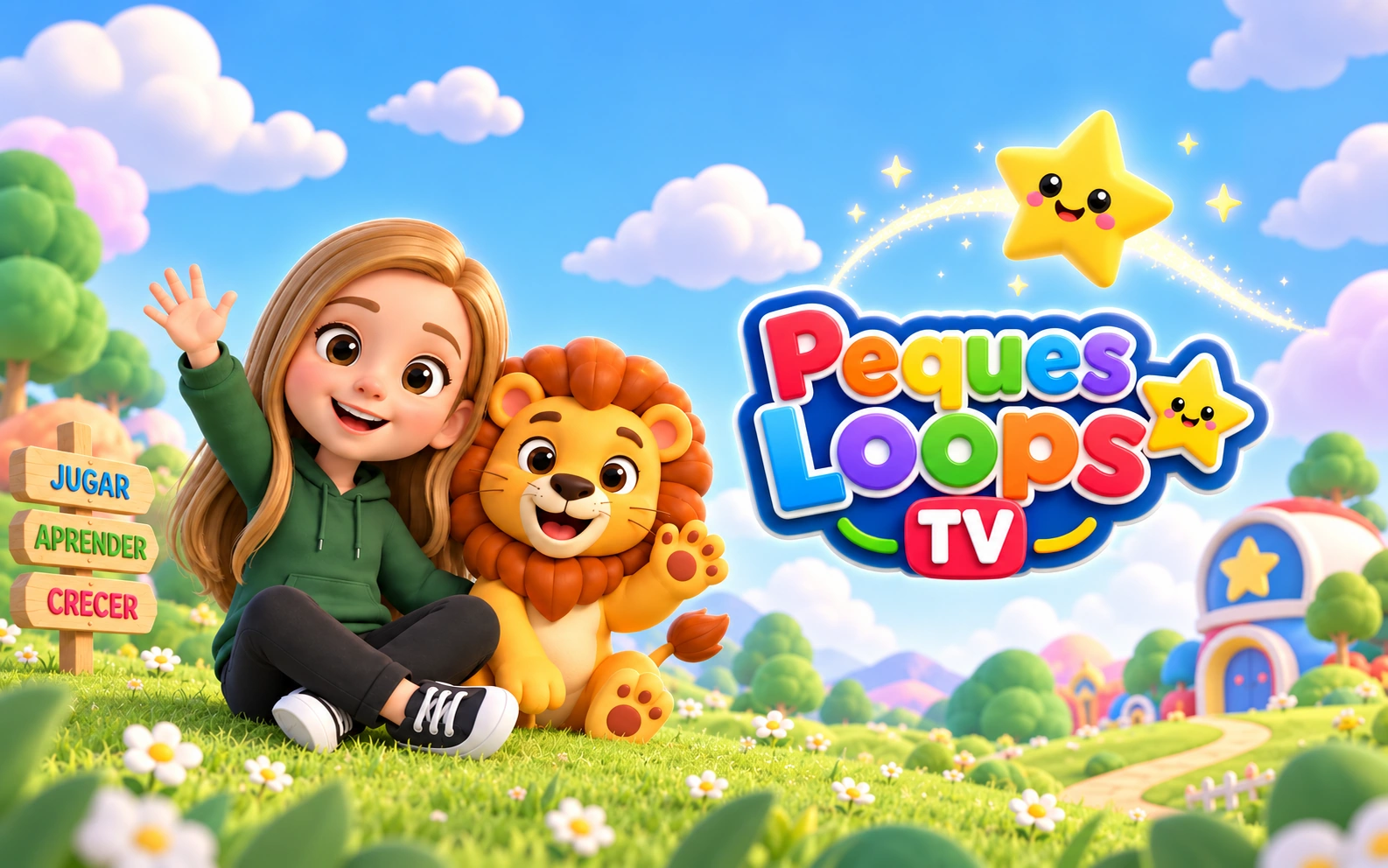 Luna y un león junto al logo Peques Loops TV y los letreros Jugar, Aprender y Crecer.