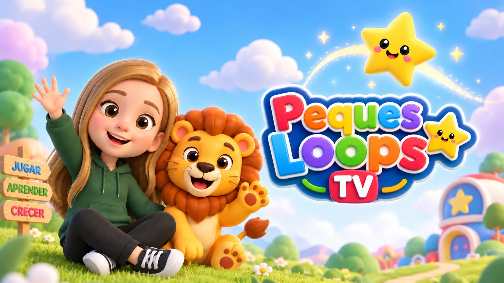 Luna saluda sentada junto a un león, con el logo Peques Loops TV y estrellas sobre un paisaje colorido.