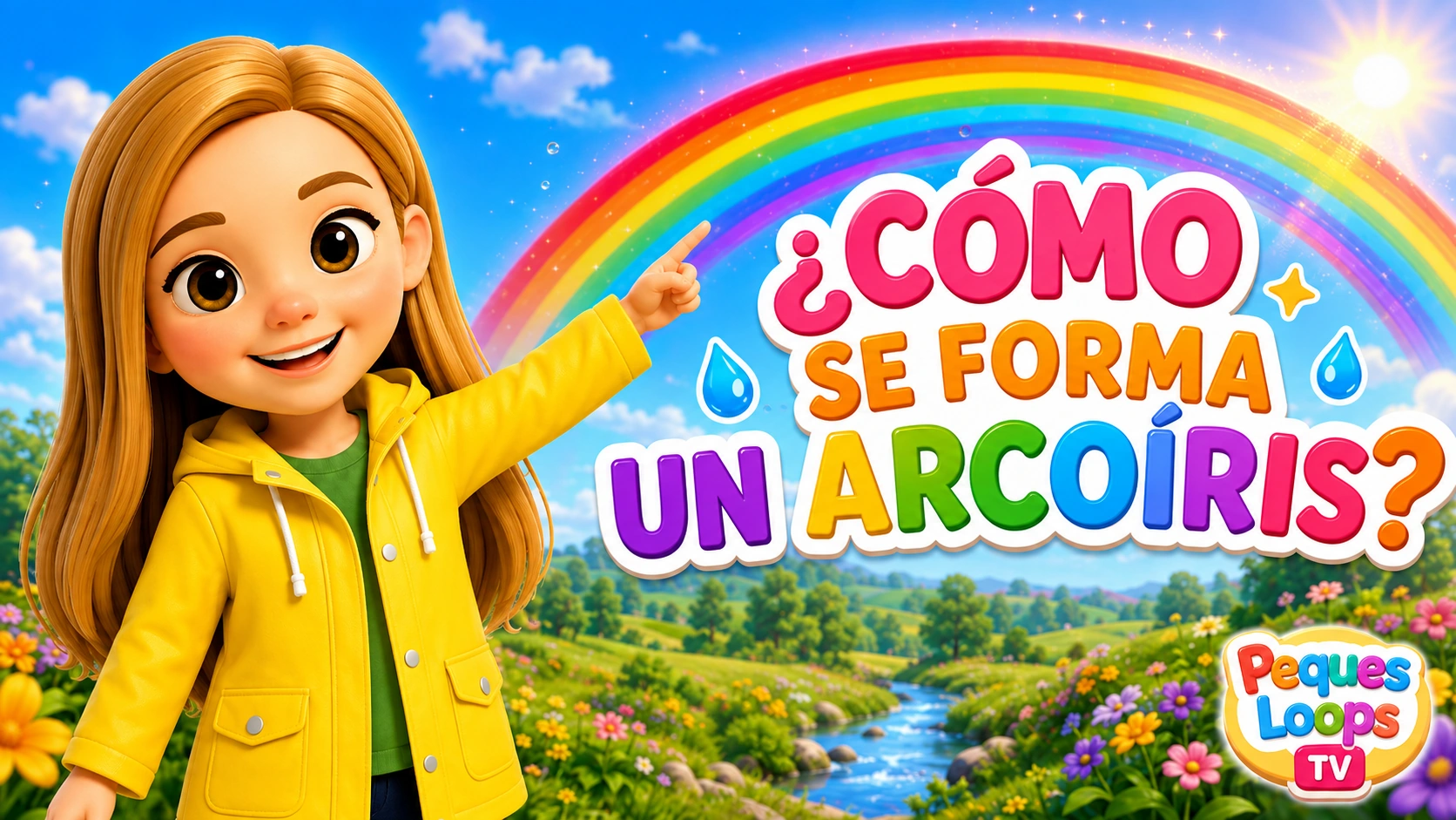 Luna señala un arcoíris junto al título «¿Cómo se forma un arcoíris?».