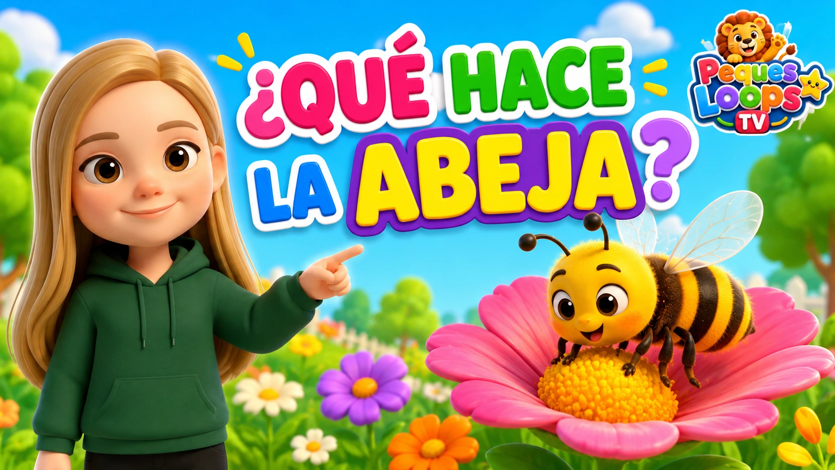 Luna señala una abeja sobre una flor junto al título «¿Qué hace la abeja?».