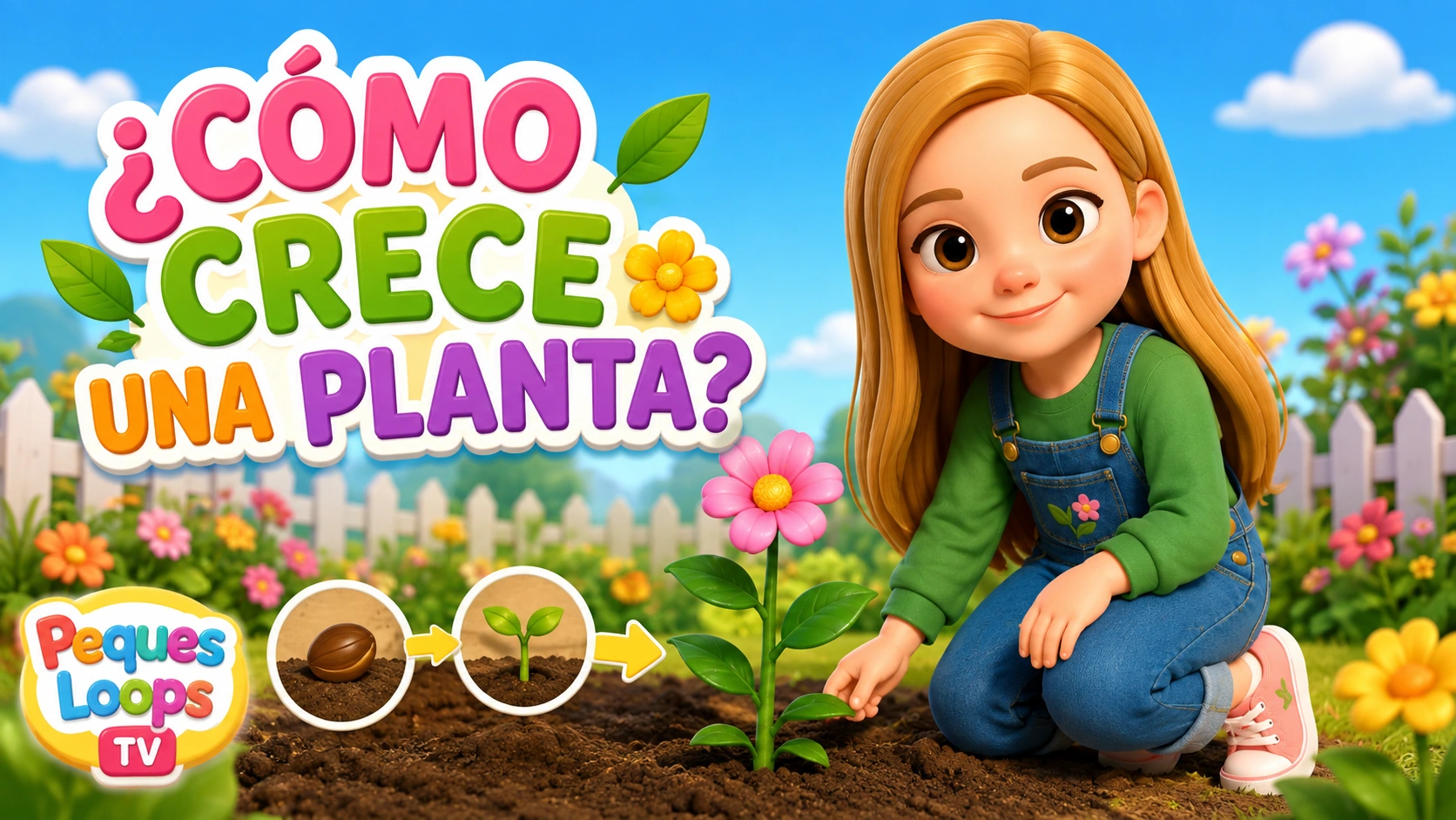 Luna junto a una planta y una secuencia de semilla y brote, con el título «¿Cómo crece una planta?».