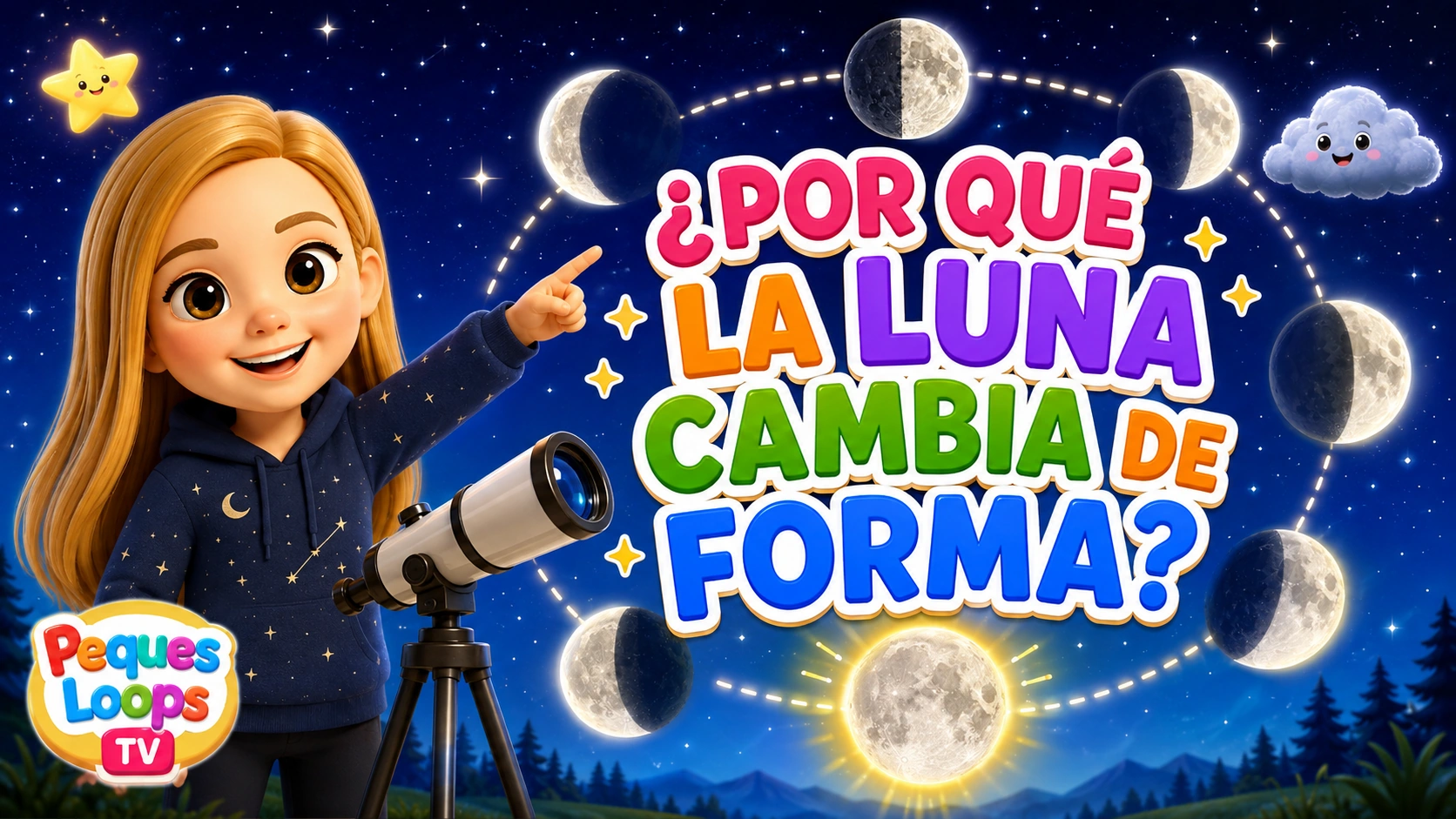 Luna junto a un telescopio y las fases lunares, con el título «¿Por qué la Luna cambia de forma?».
