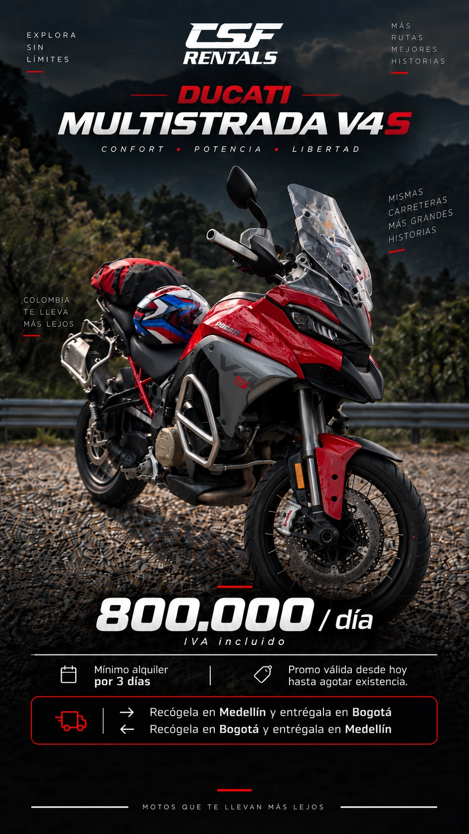 Gráfica de CSF Rentals con una Ducati Multistrada V4S roja y una tarifa anunciada de $800.000 por día.