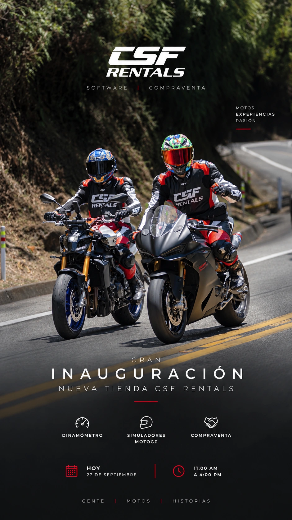 Gráfica de inauguración de CSF Rentals con dos motociclistas en carretera y una invitación para el 27 de septiembre.